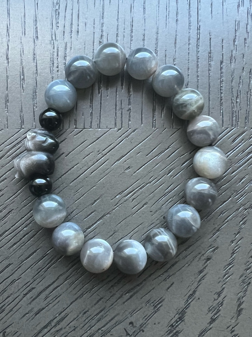 Black moonstone with silver sheen obsidian pony bracelet 10mm SIZE 6.5’